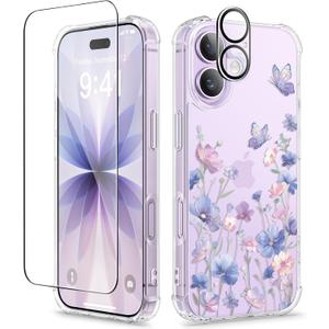GVIEWIN for iPhone 17 Case, with Screen Protector+Camera Lens Protector, [NonYellowing] Clear Floral Slim Shockproof Protective Hard PC Back Women Phone Case for iPhone 17 6.3", Bloomwing/Blue