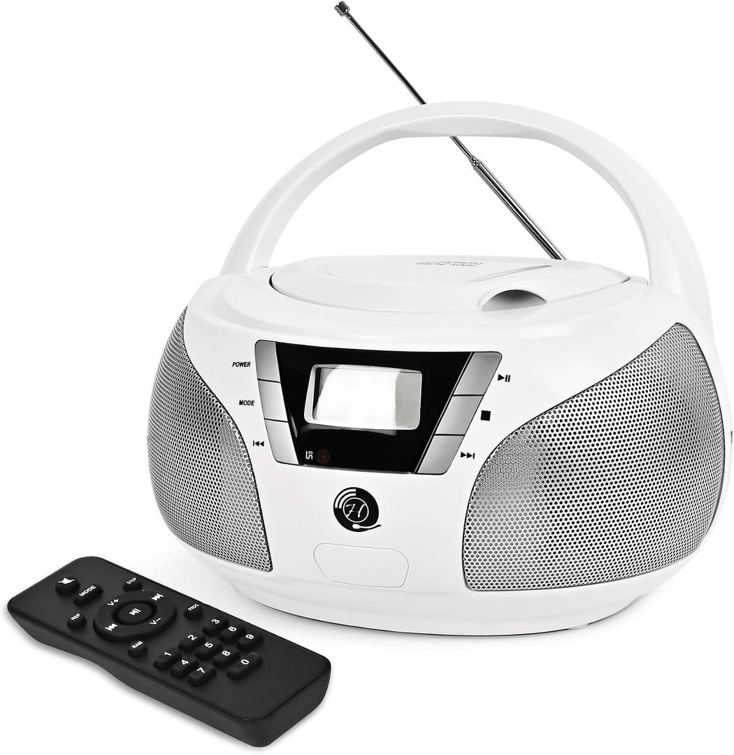 Portable CD Player Boombox with Bluetooth, FM Radio, USB Playback, Stereo Sound, Remote Control, Home Stereo Music System for Seniors and Family Gatherings (White)