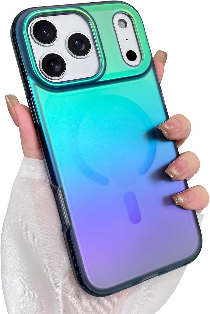 Aesthetic Case for iPhone 17 Pro Max Case for Women Girls [Compatible with Magsafe] Cute Girly Trendy Glitter Sparkly Rainbow Magnetic Protective Phone Cover, Matte Iridescent Blue & Green