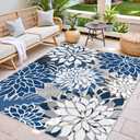 8x10 Outdoor Area Rug Washable Multicolored Patio Rug Tropical Botanical Floral Chenille Waterproof Outdoor Carpet Non-Slip for Deck, Backyard, Porch, Blue