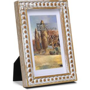 4x6 Rustic Picture Frame with Mat for 3x5, Farmhouse Boho Deco Distressed Beaded Wooden Real Glass, Vertical or Horizontal Display Photo Gallery Wall & Tabletop Frame, Natural