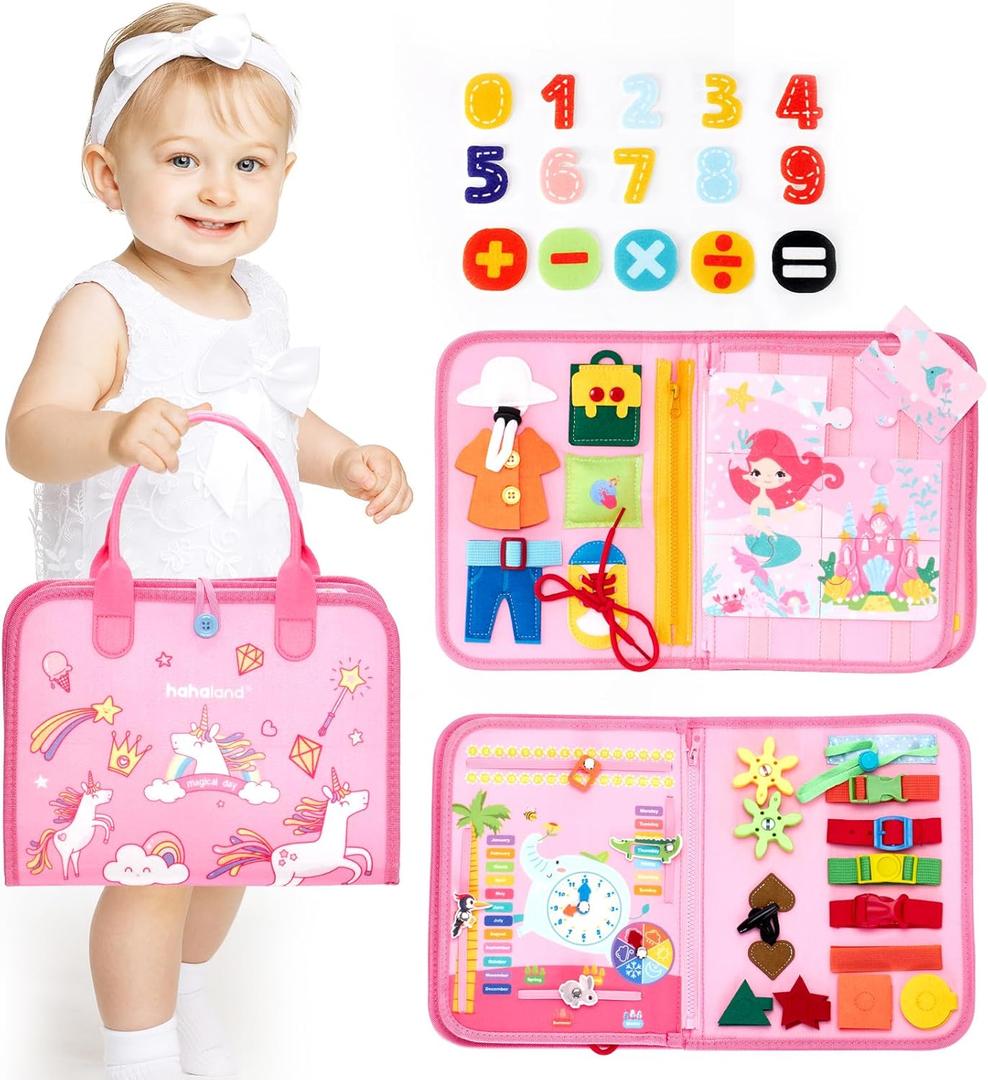 Hahaland Busy Board for Toddlers Boys Girls Montessori Toys for 3+ Year Old Preschool Educational Learning Activities Toddler Travel Toys for Ages 3 4 5 with Life Skill Number Color Weather