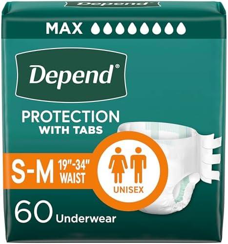 Depend Incontinence Protection with Tabs, Unisex, Small/Medium (19–34" Waist, Up To 170 lbs), Maximum Absorbency, 60 Count (3 Packs of 20)