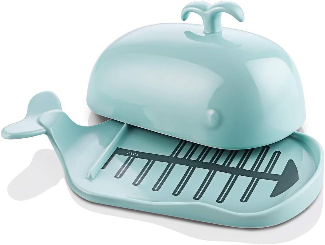 DOWAN Whale Butter Dish, Cute Butter Dish, Funny Gifts for Mom Wife Friends, Fish Bone Cutting Measuring Lines and Tail Non-slip Design, Ideal Decor Gift for Birthday Wedding Housewarming, Turquoise (9x3.5x4 inches)