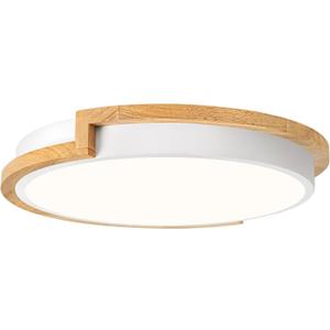 Dimmable Wood LED Flush Mount Ceiling Lights, 5CCT 2700K-6000K White Hallway Lighting Fixtures, Minimalist Round Ceiling Lamp for Bedroom Laundry Room Kitchen Entryway Bathroom 11.8in