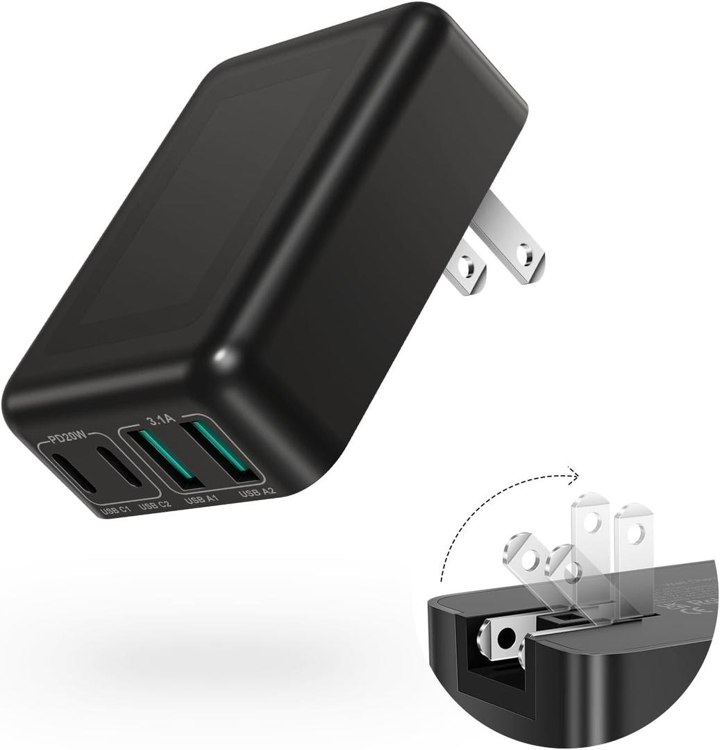 40W Flat USB C Wall Charger, 4Ports Foldable & Slim Fast Charging Blocks, Multiport Type C Cube Box Power Adapter Plug, Boxeroo USB C Charger Block Brick for iPhone Samsung Tablet (Black)