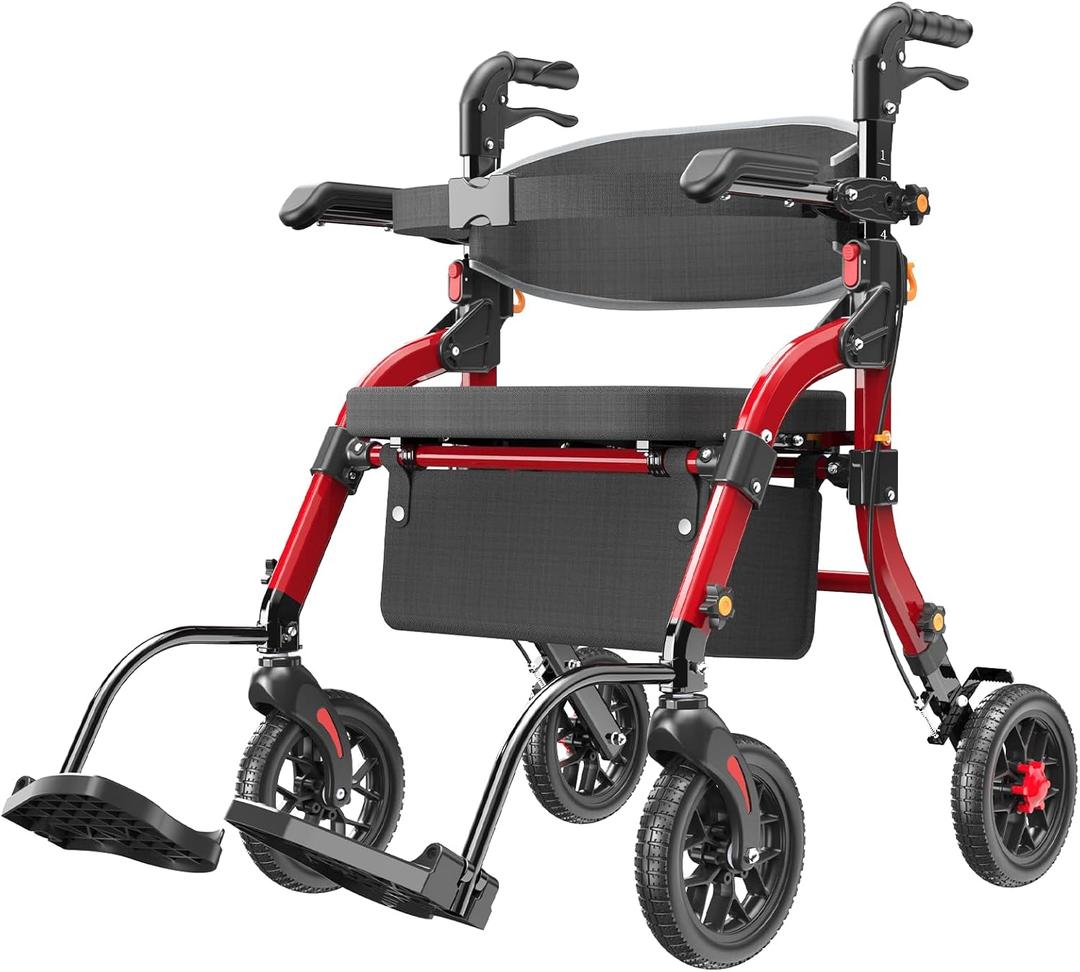 SUCCU Rollator Walkers for Seniors with Seat, 2-in-1 Walker Wheelchair Combo, Foldable Rolling Walker with Seat, Wheelchairs for Adults – 400 lbs Capacity, Adjustable Height