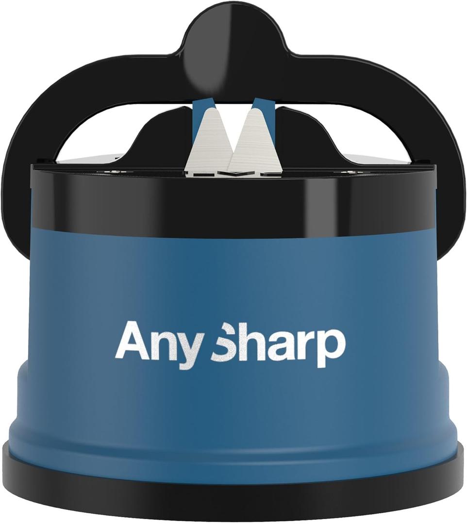 AnySharp  GLOBAL  Hands Free Knife Sharpener - Easy to Use Sharpening Tool with PowerGrip Suction Base and 20-Degree Pre-set Angle - For All Knives: Chefs, Serrated, and Hardened Steel - Blue (One Size)