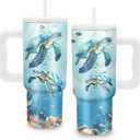 Sea Turtle Gifts - 24 oz Tumbler with Handle and Straw, Insulated Stainless Steel Cup, Leakproof, Blue Ocean Animal Lover Turtle Design Travel Mug for Women Fits Car Cup Holders, Keeps Drinks Cold/Hot