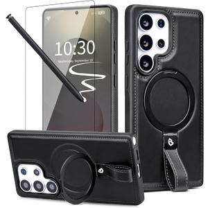 for Samsung Galaxy S25 Ultra Leather Case with Stand, Anti-Slip Grip Ring, Fits for MagSafe (Black, S25 Ultra-6.9inch)