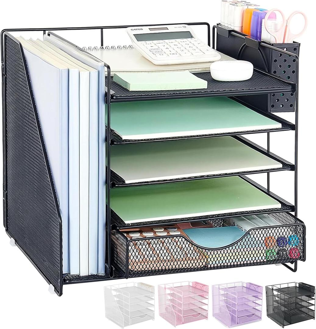 Desk Organizer with Drawer and Pen Holder, 5-Tier Paper Letter Tray Organizer with File Holder, Suitable for Workspace Organizer Office Supplies Storage (Black)
