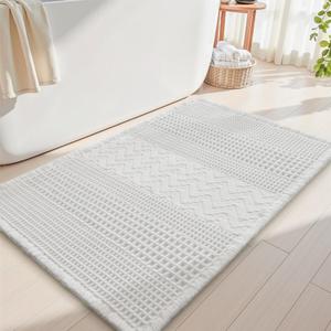 AMOAMI Waffle Bath-Mat, Super Absorbent Bath Mats for Bathroom, Boho Bathroom Rugs Non Slip Washable, Ultra Soft Bathroom-Mat with Tassels Bath Rugs for Floor Mat, 17" X 24" White