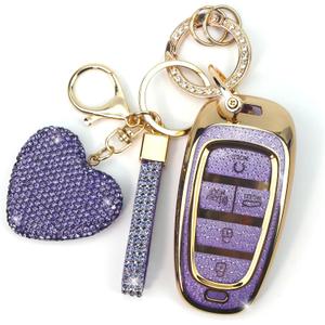 Key Fob Cover with Diamond Keychain Fit for Hyundai Car Key Holder Case Compatible with Hyundai 2023 2022 2021 2020 Sonata Santa Fe Tucson Smart Remote Key Protector, 5 Buttons (Purple-Heart)