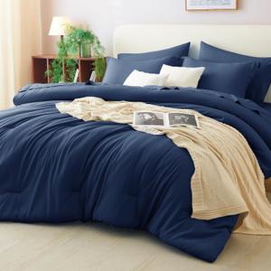 CozyLux Queen Comforter Set Navy Blue, 7 Pieces Bed in a Bag Bedding Comforter Set with Sheets, All Season Boho 7PC Bed Sets with Comforter, Fitted Sheets, Flat Sheets, Pillow Shams and Pillowcases