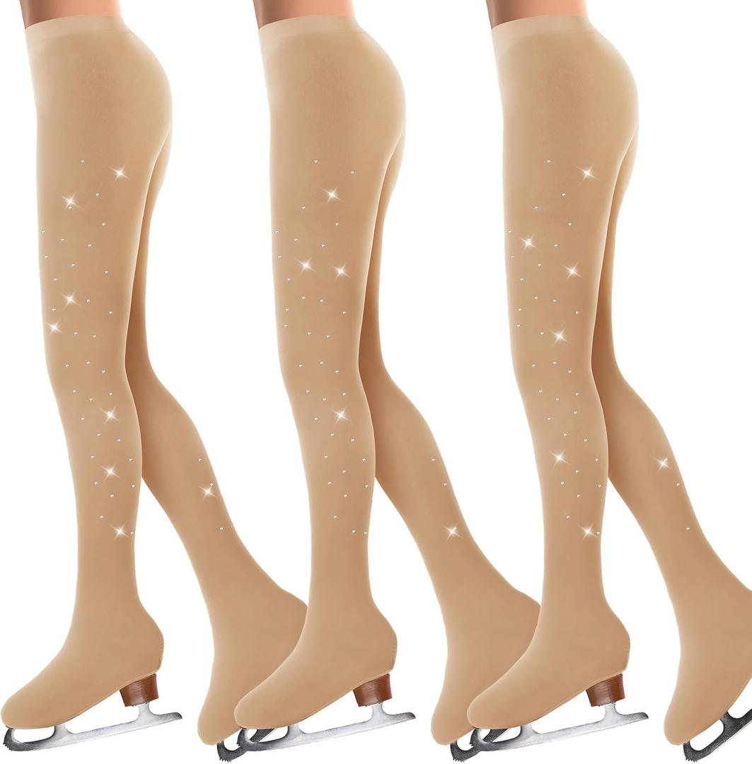 Ramede 3 Pcs Figure Skating Tights Rhinestones Ice Skate Tights Tan Crystal Figure for Girls Women Skating Ballet Dance Kids (Medium)