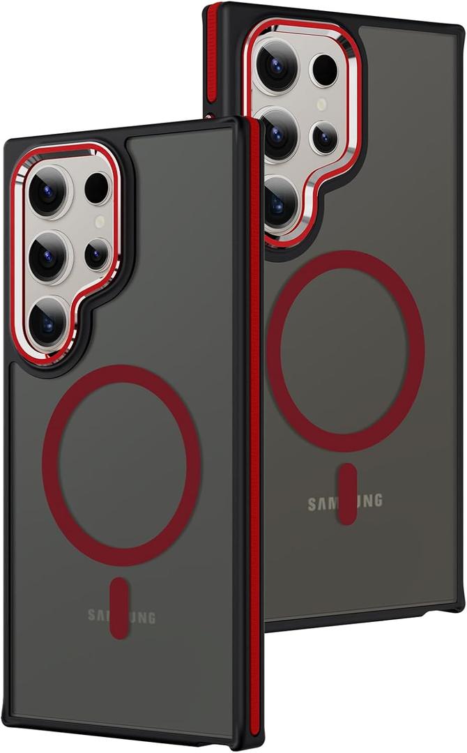 AIGOMARA Magnetic for Samsung Galaxy S22 Ultra Case, [Compatible with Magsafe] [Military-Grade Protection] Slim Shockproof Translucent Matte Protective Case for Galaxy S22 Ultra 6.8 Inch, Black/Red