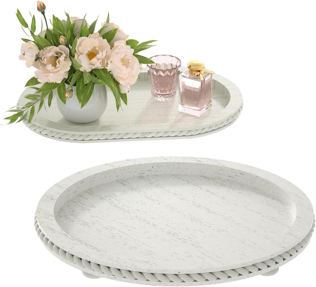 Urban Deco Wooden Tiered Tray, Oval and Round Tray Set of 2, Farmhouse Vintage Decorative Tray Stand for Coffee Table, White Serving Tray for Living Room Kitchen Home Decor - 1 Set