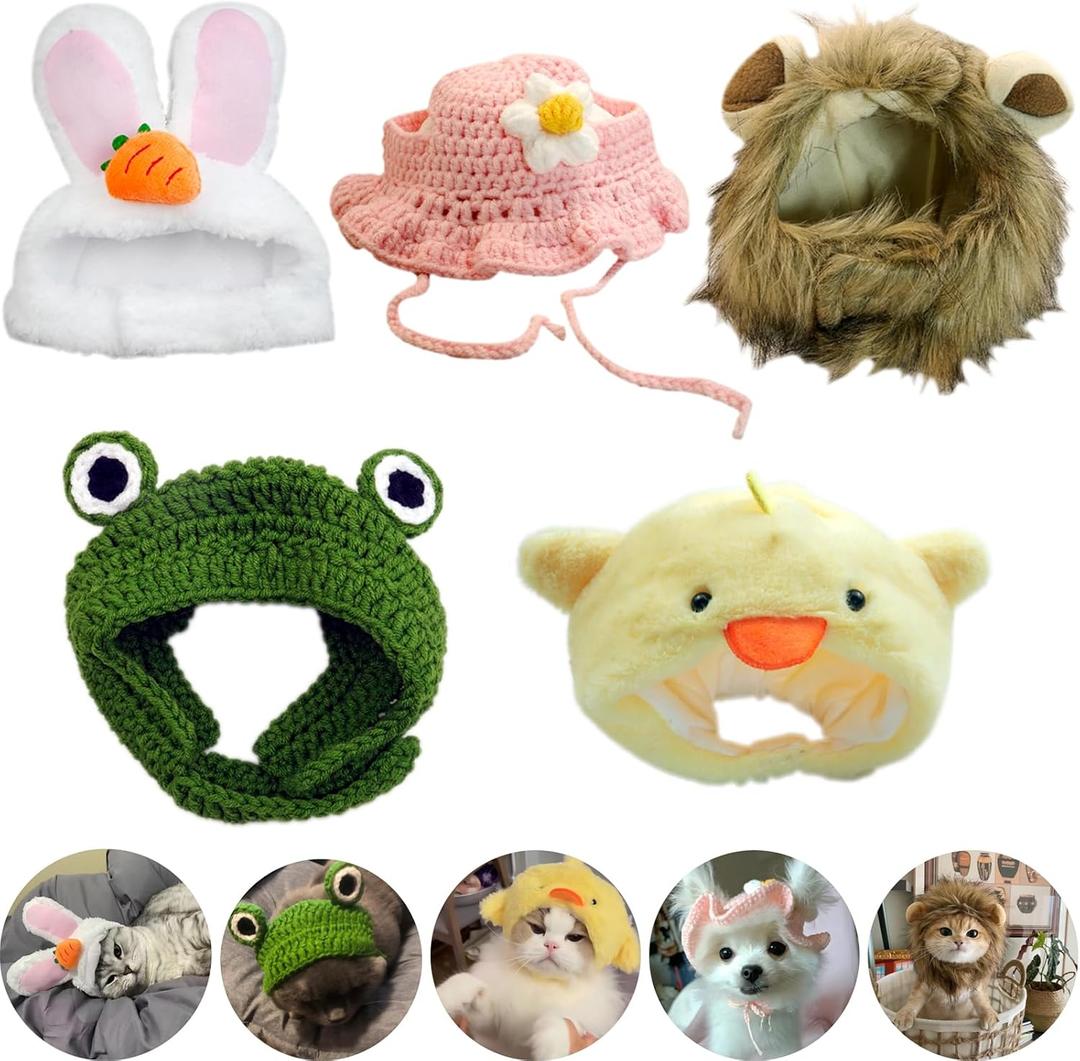 5 Pieces Cat Hat Adorable Cat Costume Outfit Bunny Hat with Ears Funny Mane Hat for Cats and Small Dogs Kitten Puppy Party Costume Accessory Headwear (Frog-Flower-Rabbit-Lion-Chick)