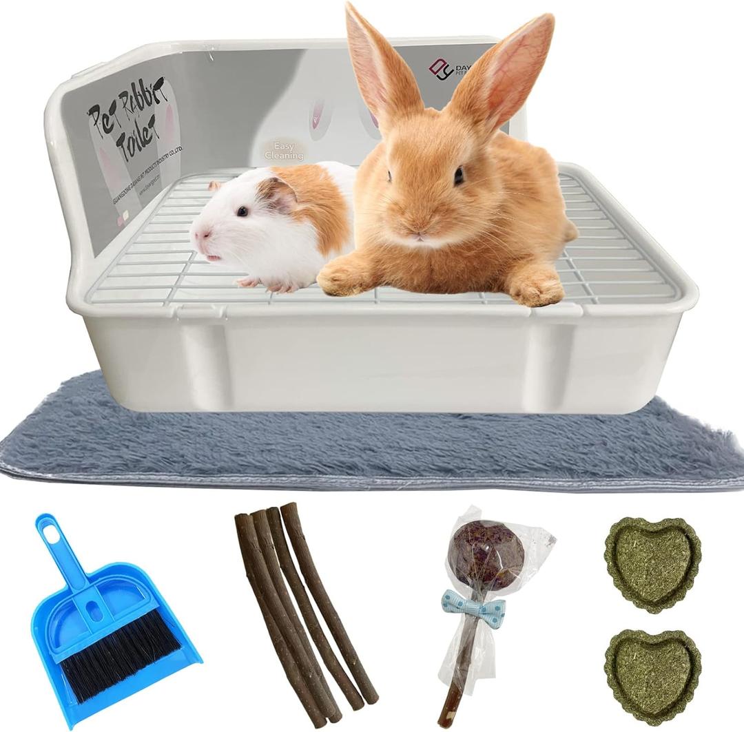 Rabbit Litter Box for Cage Corner Bunny Toilet Small Animal Potty Training with Dustpan Broom Chew Toys for Chinchilla Ferret Hedgehog Gerbil (10 Pcs) (White)