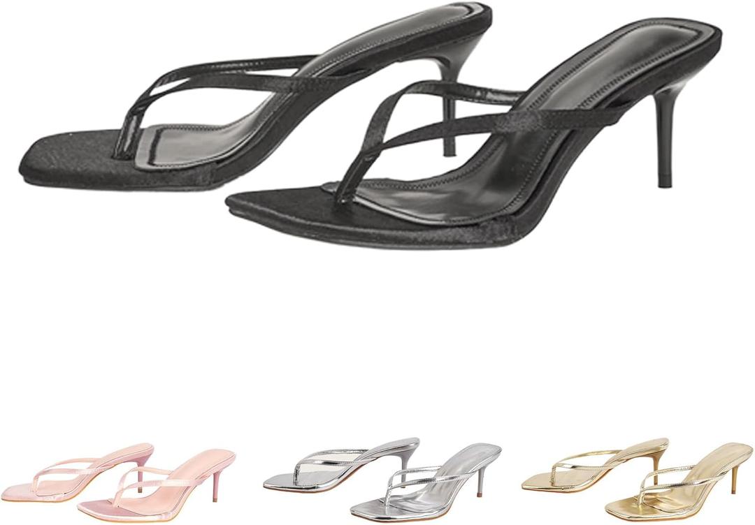 Women's Stiletto Heel Casual Flip Flops Satin Fashion Square Open Toe Backless Summer Slip On High Heel Dressy Thong Sandals Slide for Beach Daily Work (10, Black)