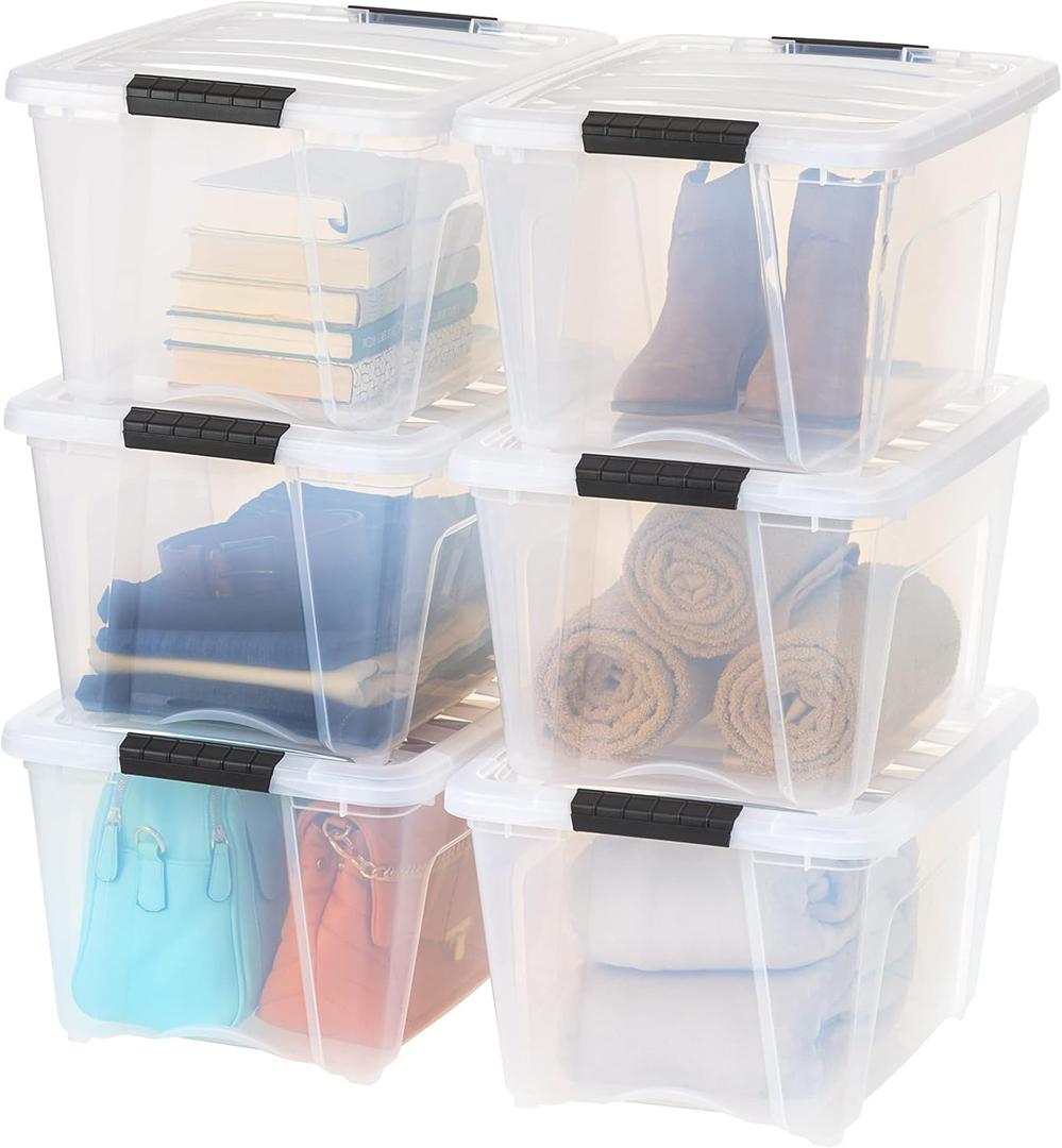 IRIS USA 32 Qt Stackable Plastic Storage Bins with Lids, 6 Pack - BPA-Free, Made in USA - See-Through Organizing Solution, Latches, Durable Nestable Containers, Secure Pull Handle - Clear (32 Qt. - 6 Pack, Clear)