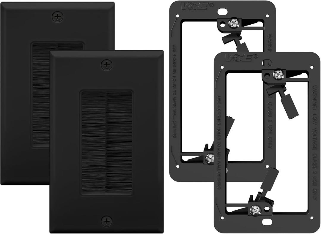 VCE Brush Wall Plate with Bracket, Cable Pass Through Insert Single Gang Decorator Wall Cover for Low Voltage Cables, Cord Hider for Wall Mount TV, Home Theater System, Black (2-Pack)