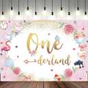 5x3ft 1st Birthday Backdrop Onederland Tea Party Photography Background Pink Flower Green Leaf Flamingo Teapot Girls First Birthdays Party Banner Decorations Kids Parties Photo Booth Prop