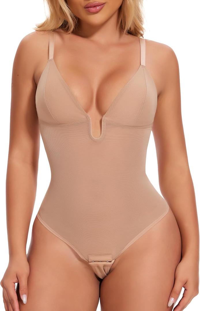 JOYSHAPER Backless Shapewear Tummy Control Body Shaper U Plunge Bodysuits Thong Shapewear Low Back Sexy Bodysuits, Medium 