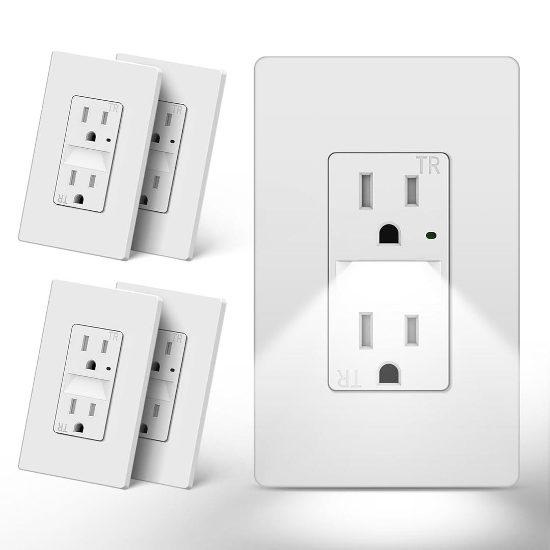 CML 15 Amp Outlet with Night Light, Decorator Receptacle with LED Guide Lights and Dusk to Dawn On/Off Sensor, Tamper Resistant Electrical Outlets w/Screwless Wall Plate, ETL Listed, 5 Pack, White