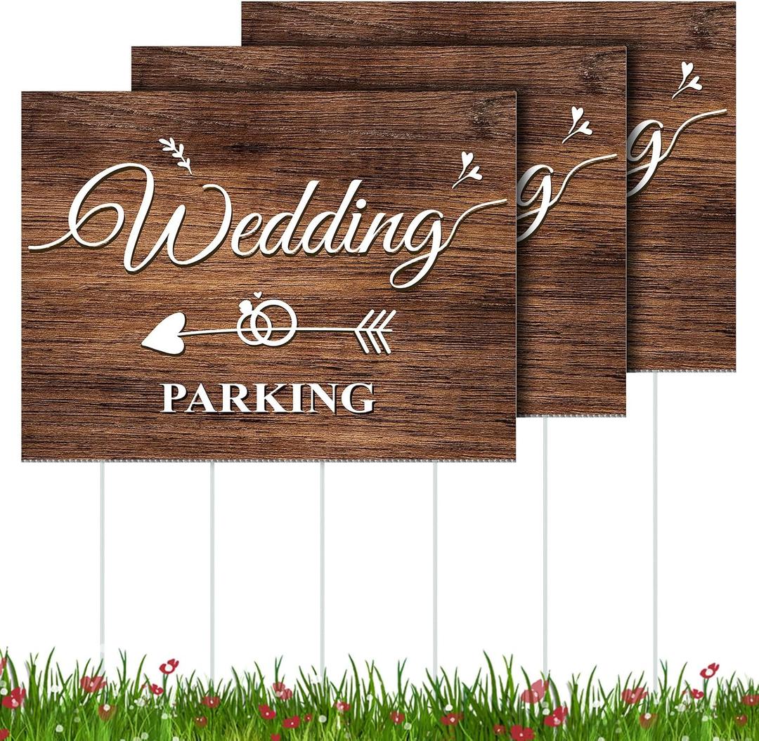Yookeer 3 Pcs Wedding Parking Signs with Stakes 15.75" x 11.81" Double Sided Wedding Parking Sign Hollow Board Arrow Direction Marks for Transaction Reception Outdoor Event Guest Yard Lawn