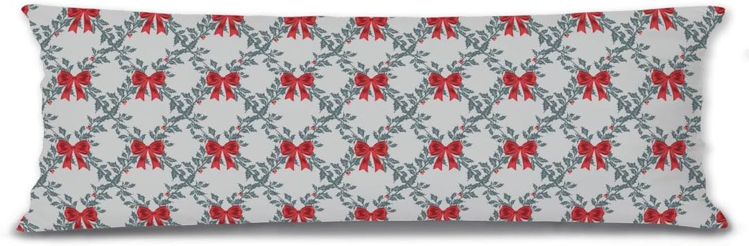 Mancheng-zi Vintage Red and Green Christmas 20x54 Body Pillow Cover Pillowcase with Zipper, Girly Christmas Decor, Coquette Red Bow Xmas Holly Berry Decorative Long Hug Pillow Cases for Bed Couch