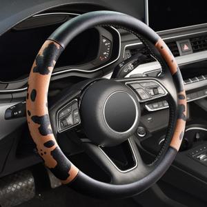 Cow Print Car Steering Wheel Covers, Breathable Microfiber Leather for Women and Men, Universal 15 inch Anti-Slip Steering Wheel Protector, Black Brown