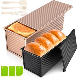 Pack of 2 Pullman Loaf Pans with Lids 2.2 LB & 1 LB Dough Capacity, Non-Stick Carbon Steel Bread Pans for Homemade Sandwich and Sourdough Bread, Corrugated Toast Mold (Gold & Black)