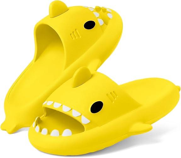 Kids Shark Slides Boys Girls Toddlers Cloud Slides Cute Cartoon Shower Pillow Slippers Non-Slip Novelty Open Toe Sandals with Extremely Comfy Cushioned Thick Sole Yellow 3-4 Big Kid