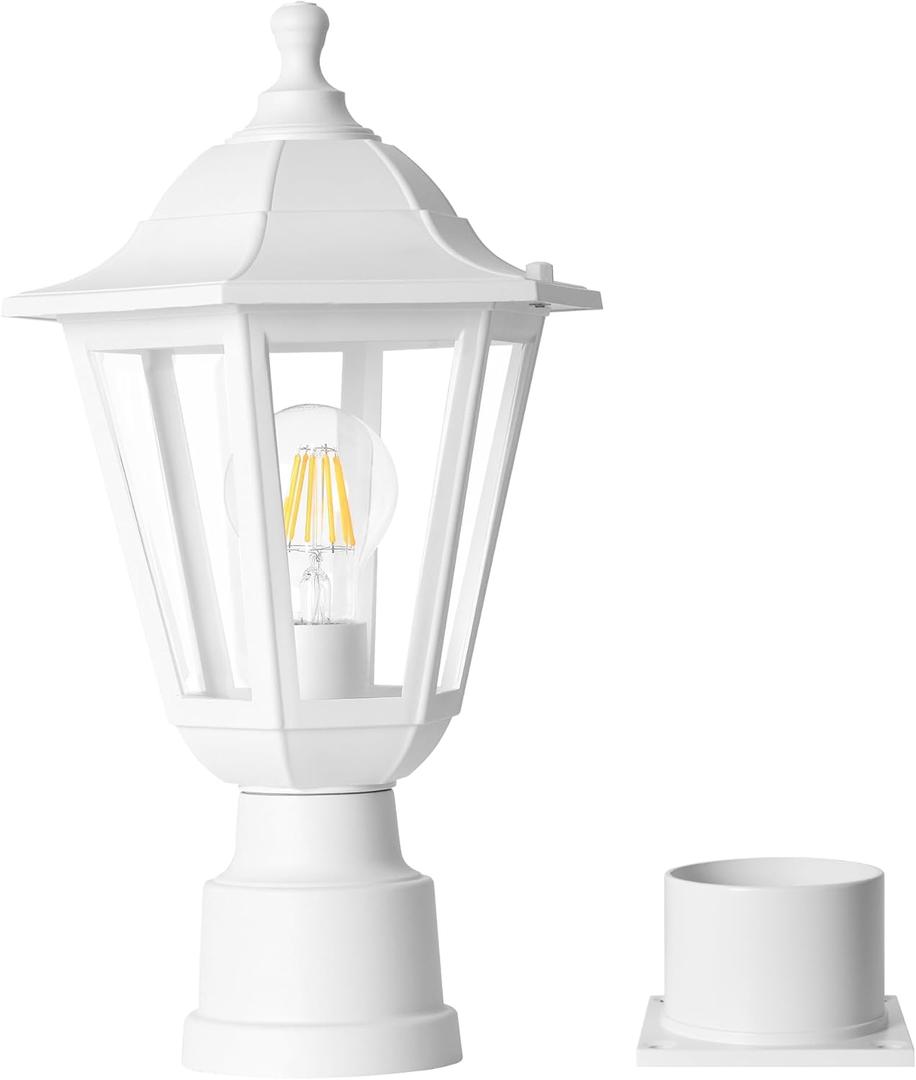 FUDESY Outdoor Post Light, Outdoor White Lamp Post Light Fixture with Pier Mount Base, Waterproof Pole Light Fixture with E26 Socket, Exterior Lamp Post Lantern for Garden Yard Patio Pathway (No Sensor)
