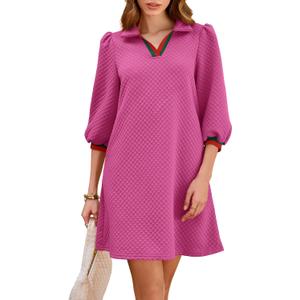 Wenrine Womens 3/4 Sleeve Mini Dress Casual V Neck Collared Textured Loose Fall A Line Argyle Dresses with Pockets (Pink)