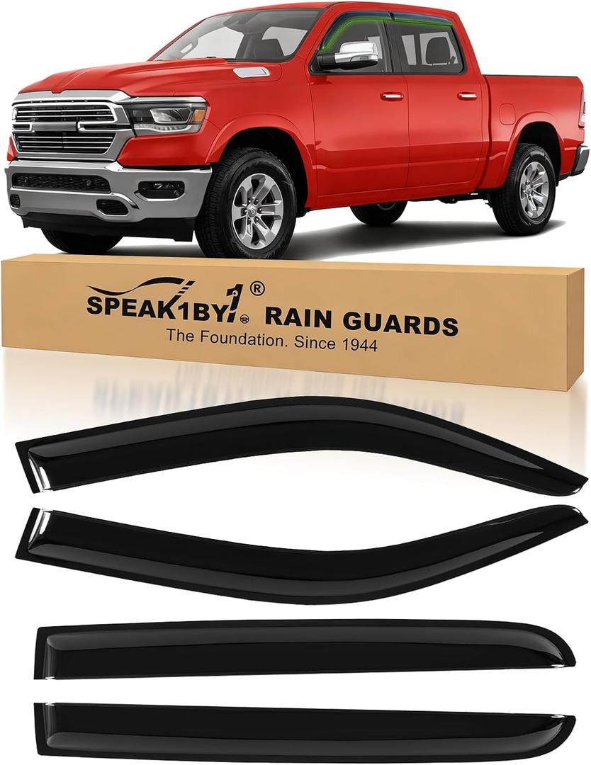 Rain Guards for Dodge Ram 1500 2019-2026 Crew Cab | Out-Channel,Durable Tape-On Window Visor Wind Deflectors Accessories 4PCS
