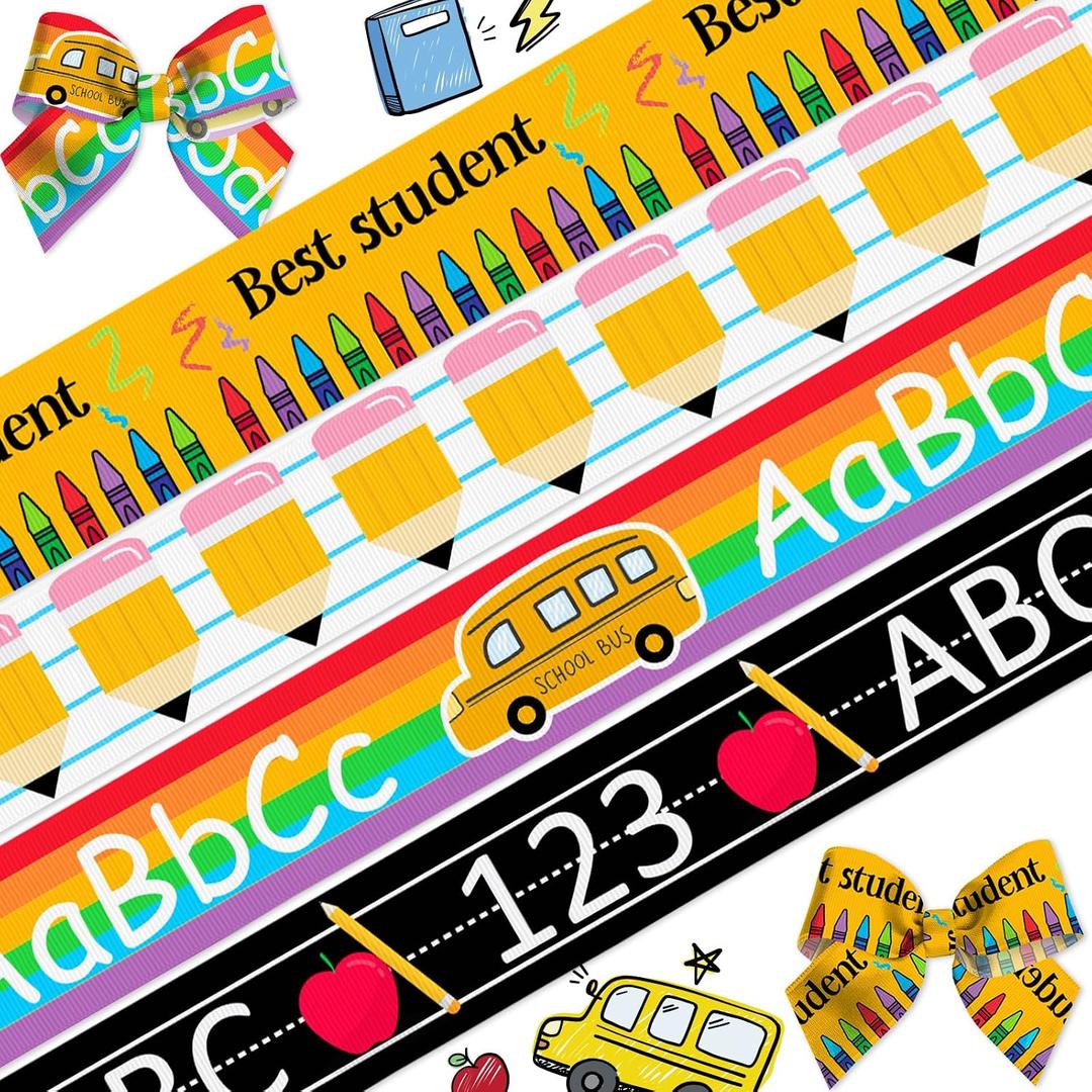 4PCS 1" Back to School Ribbons Pencil ABC School Theme Ribbons for Wrapping Gift 20 Yard, Kindergarten Decor Ribbon for Back to School Party Decoration Students Gift Wrapping DIY Supplies