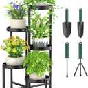 iDavosic.ly Plant Stand with Garden Tools, 5 Tier Corner Metal Flower Display Holder Shelf Indoor Outdoor, Easy Assembly Folding Tall Orchid Rack for Patio Balcony Porch Living Room House, Black