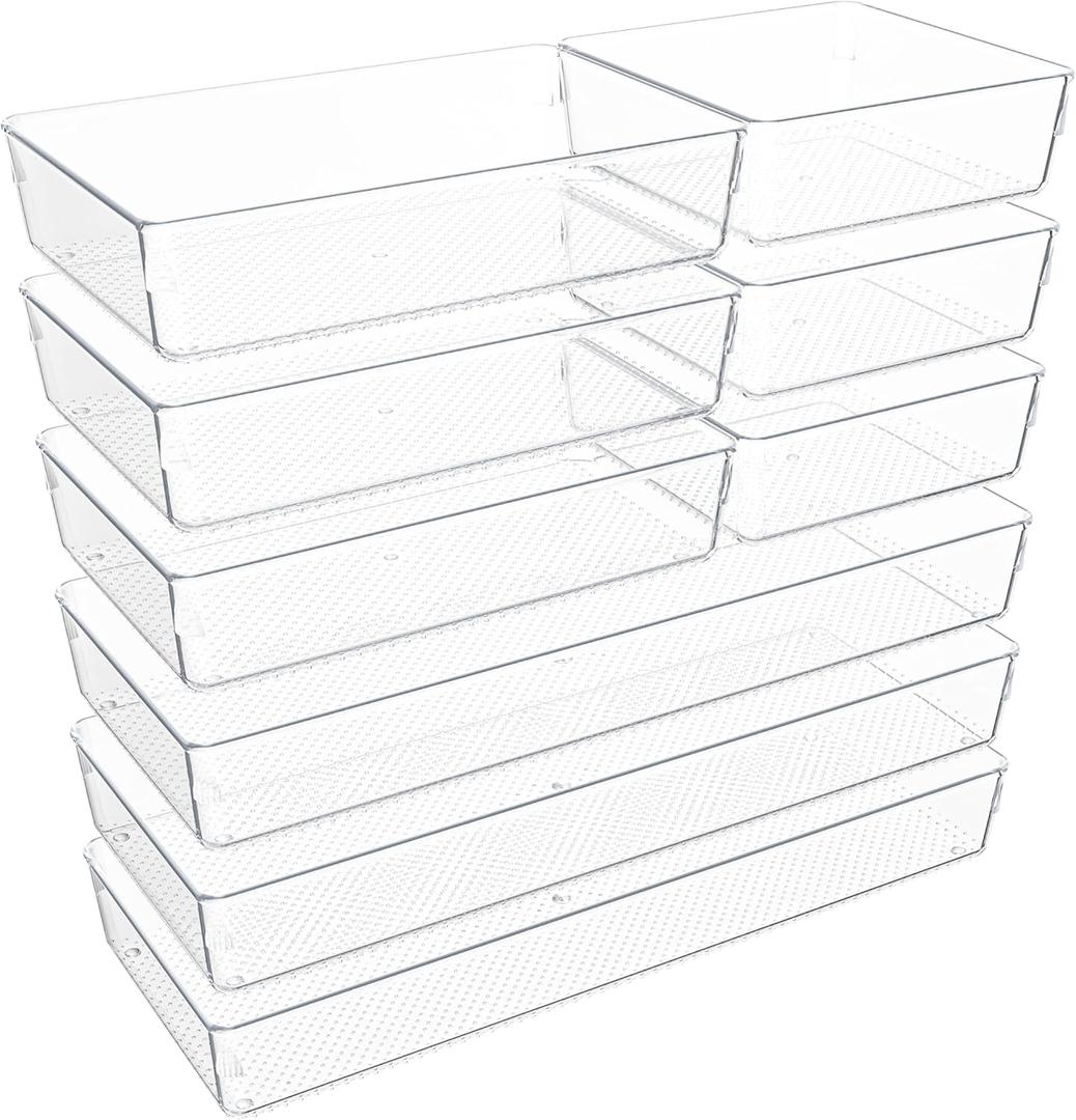 Clear Plastic Drawer Organizer Set for Kitchen, Bathroom, Office, Cosmetics & Tools - Multifunctional Storage Trays with Adjustable Dividers, Space-Saving Transparent Design (Clear, 9 Pcs)