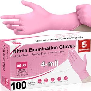 Schneider Nitrile Exam Gloves, 4-mil Medical Gloves Disposable Latex Free, Powder Free, Food Safe Glove for Cooking, Cleaning, Examination, Cherry Blossom, Small, 100-ct Box