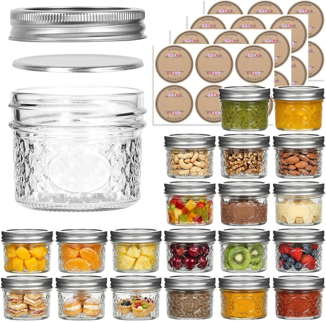 4 oz Glass Jars with Lids, 20 Pack Small Mason Jars with Airtight Silver Lids, Vintage Label Stickers, Mini Canning Jars in Diamond Texture for Spices, Jams, Honey, DIY Crafts, Wedding Favors