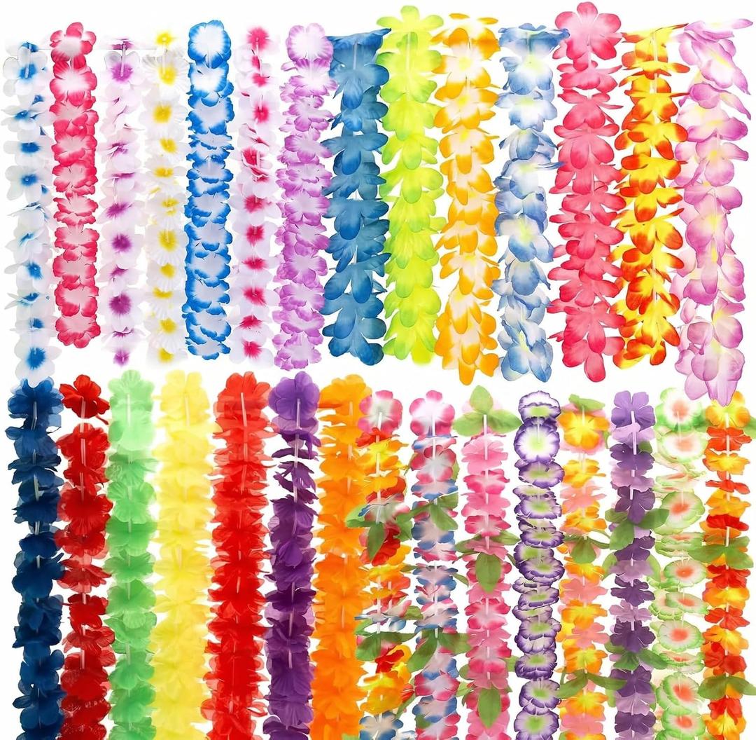 24Pcs Colorful Hawaiian Leis Bulk, Silk Flower Necklace for Luau Party, Hula Dance, Summer Beach & Pool Party Decorations, Tropical Party Favors Supplies for Adults