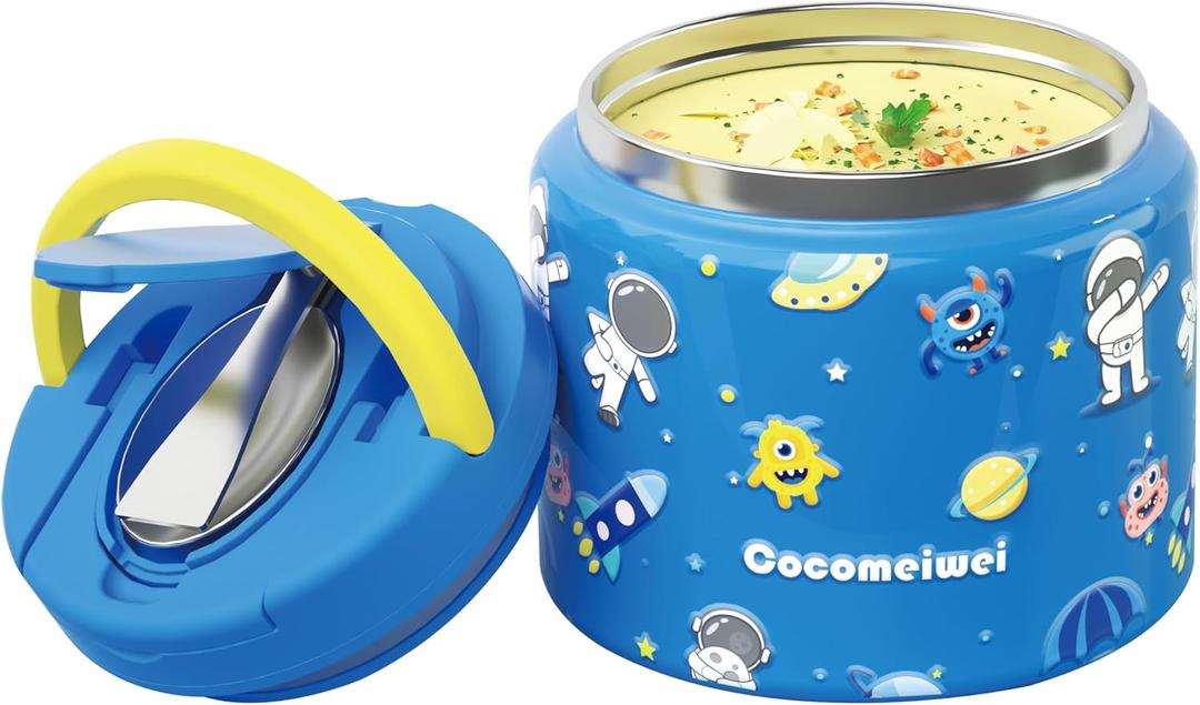 11.8 oz Thermo for Hot Food, Soup Thermo Stainless Steel, Hot Food Container with Fold-up Spoon, Flip Open Lid School Insulated Food Jar, Keep Hot & Cold for Work, Blue-Astronauts