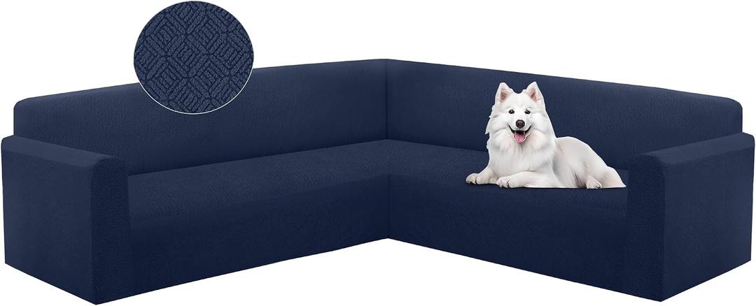 HDCAXKJ Sectional Couch Cover L Shape Stretch Sofa Covers Washable Jacquard Corner Couch Slipcover Non Slip Sectional Slip Cover U Shaped Furniture Protector for Pets Dogs (Navy Blue, X-Large)