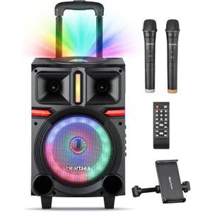 HEARTSEA Karaoke Machine, 8" Woofer Portable PA System, Bluetooth Speaker with 2 Wireless Microphones, Lyrics Display Tablet Holder, Party Lights & Echo/Treble/Bass Adjustment Support REC/AUX/USB/TF
