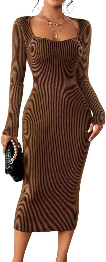 Narecte Sweater Dresses for Women 2025 Midi Winter Dress Square Neck Bodycon Dresses Long Sleeve Casual Dress Mocha Brown L