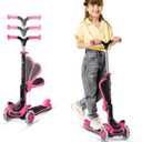 Kids Scooter  Foldable Seat  LED Wheel Lights Illuminate When Rolling  Children and Toddler 3 Wheel Kick Scooter  Adjustable Handlebar  Indoor and Outdoor- by Lifemaster (Pink)