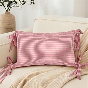 RinRinfam Cotton Striped Lumbar Throw Pillow Cover 12x20 Inch, Boho Bow Natural Cushion Case, Modern Farmhouse Home Decor for Outdoor Couch Bedroom, Red and White