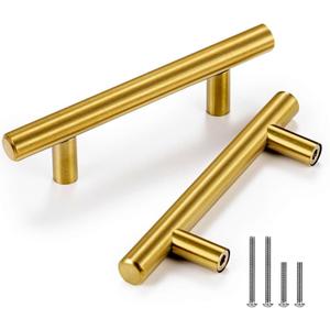 CZC HOME 6 Pack 5 Inch Cabinet Pulls Stainless Steel Drawer Handles, 3" Hole Center Drawer Pulls for Kitchen Dresser Cupboard with 2 Sizes Screws Brushed Brass